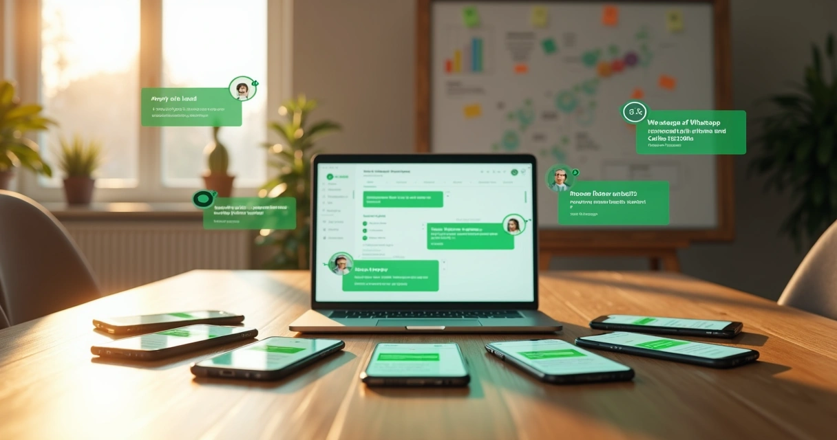 Mesa de suporte digital com vários celulares recebendo respostas automáticas no WhatsApp 