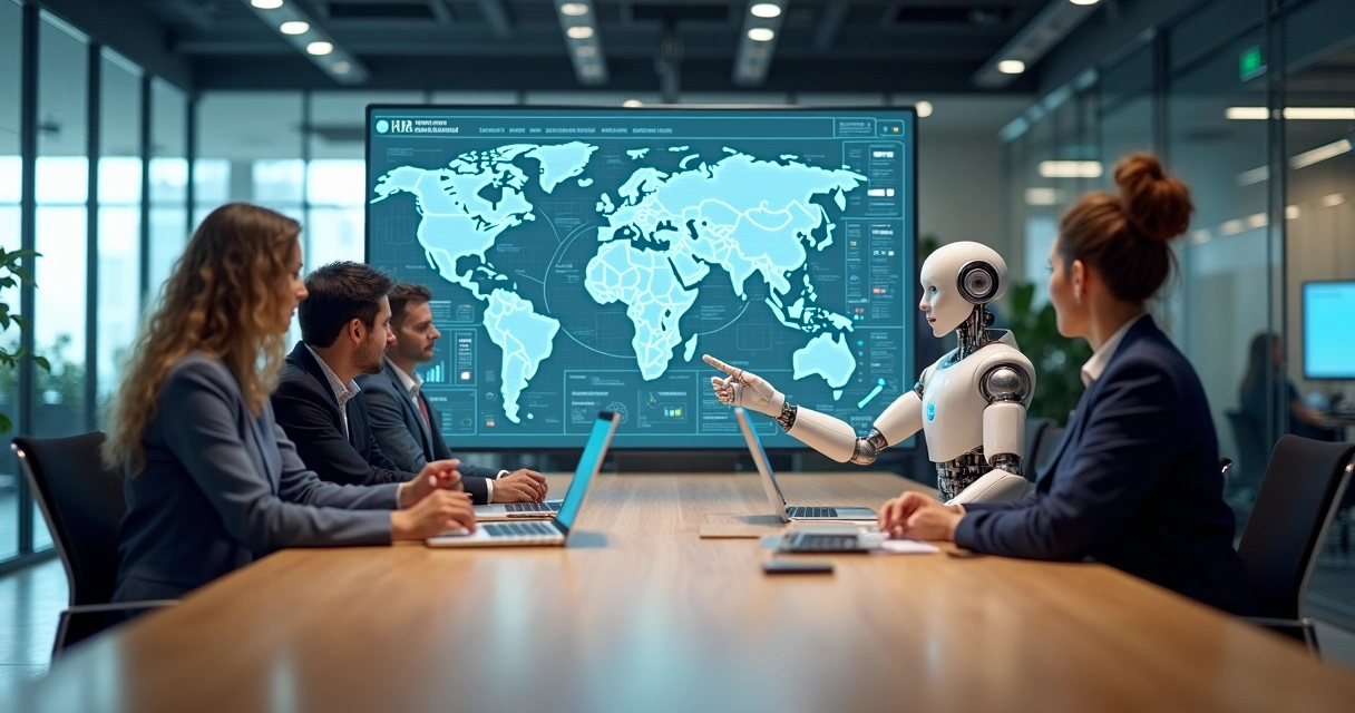 Equipe de RH colaborando com painel digital de automação e agentes de IA 