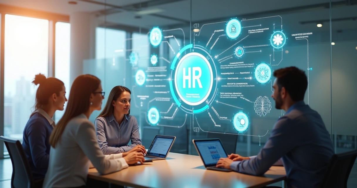 Equipe de RH em escritório moderno usando painel digital com automação e IA 