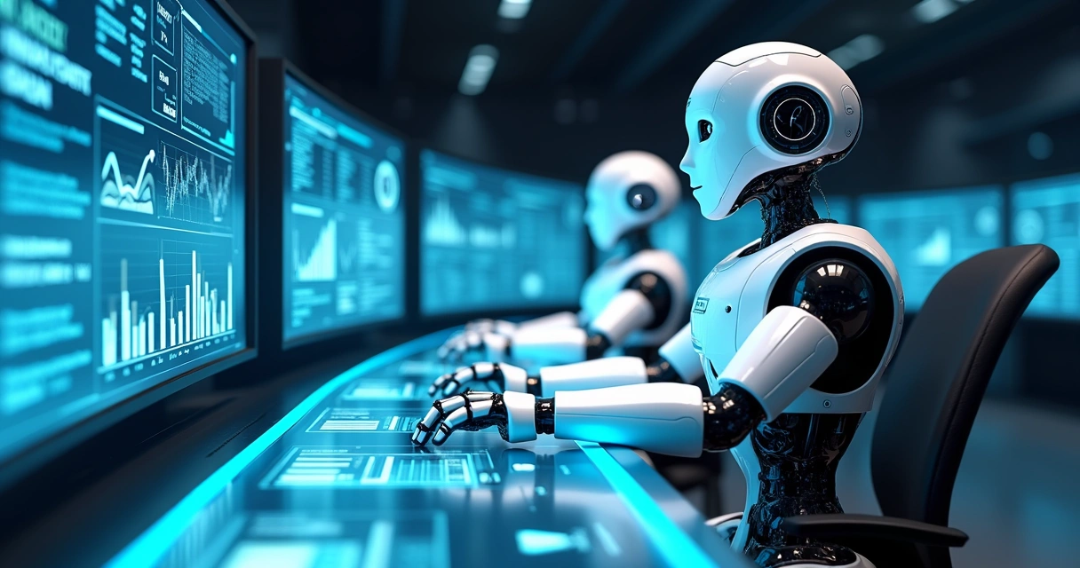 Robôs analisando dados contábeis em telas digitais 
