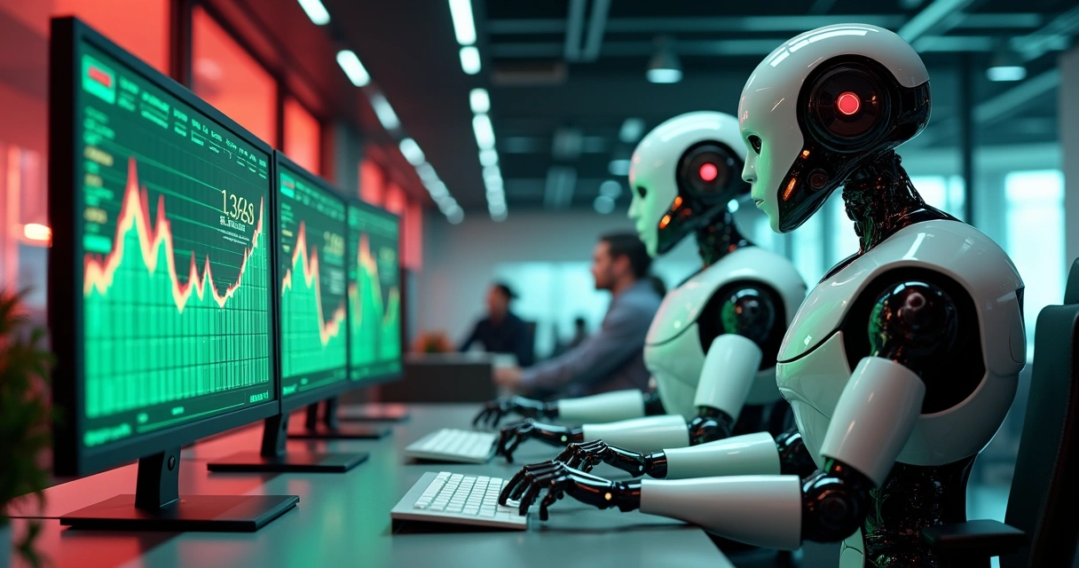 Robôs digitais analisando gráficos financeiros em telas enormes ao lado de humanos 