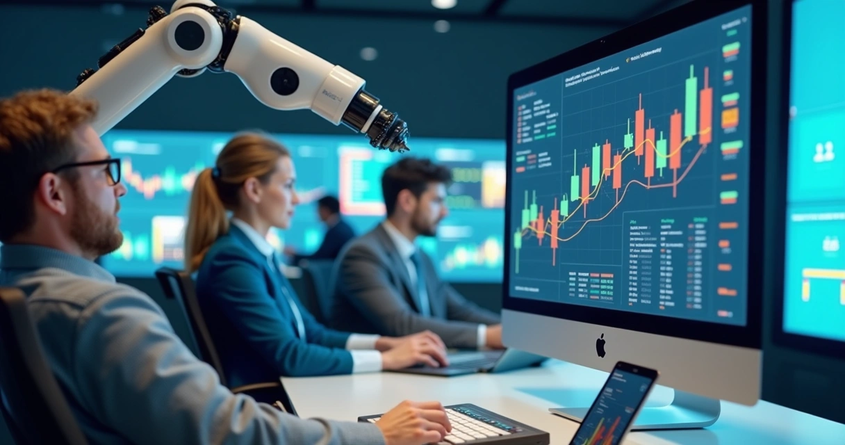 Ilustração de robô automatizando tarefas contábeis em escritório moderno, tela mostra gráficos financeiros 