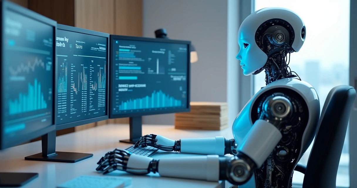 Robô digital manipulando dados contábeis em múltiplas telas 