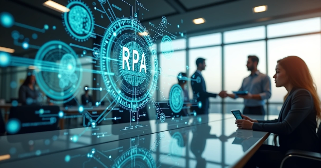 Interface digital mostrando automação de fluxos de trabalho com robôs e inteligência artificial em um ambiente moderno de escritório 