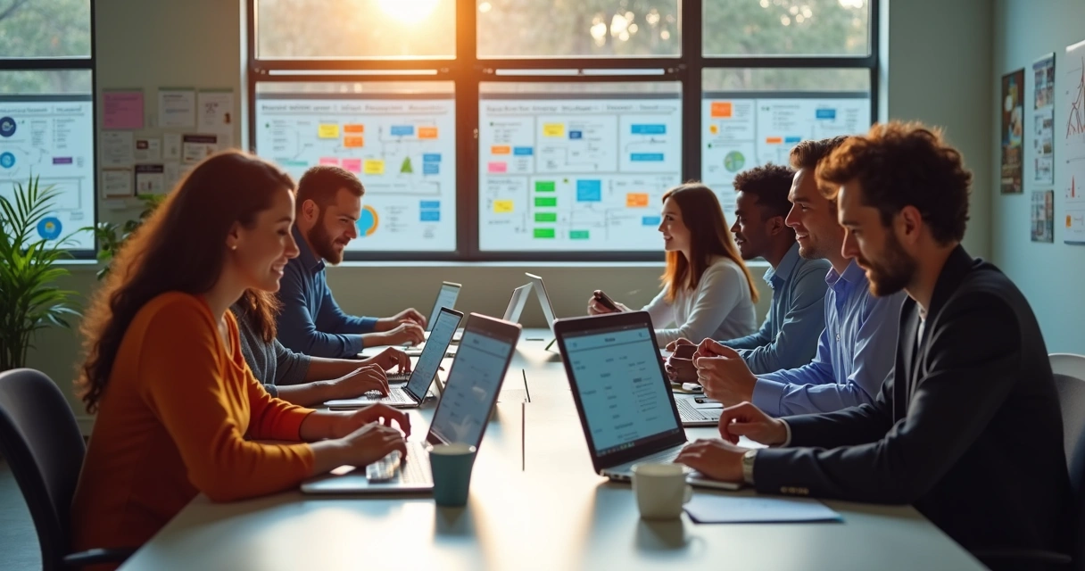 Equipe reunida ao redor de computadores mostrando dashboards 