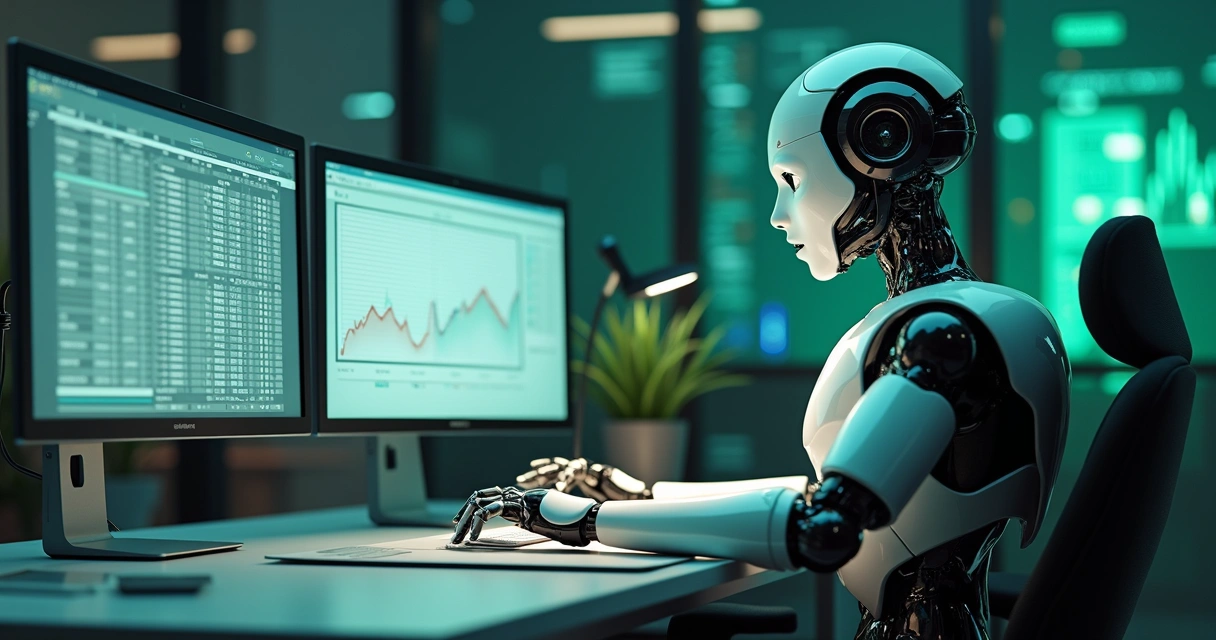 Robô automatizando planilhas financeiras em ambiente moderno 