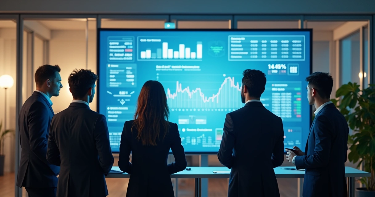 Equipe olhando para tela com dados financeiros automatizados