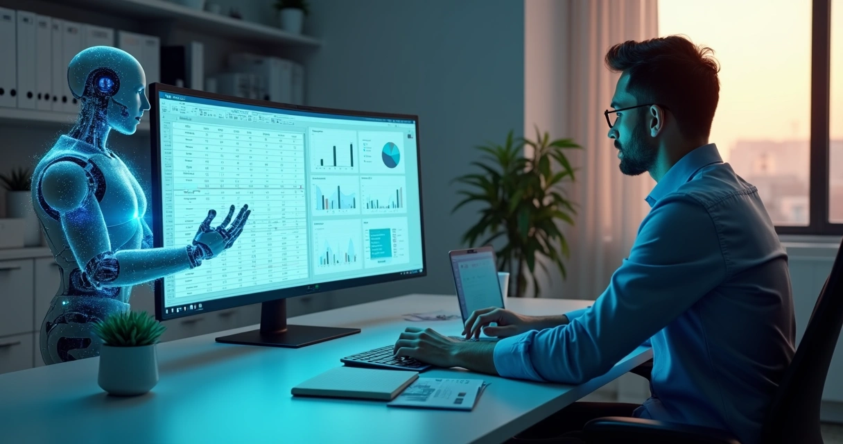 Robô digital e analista financeiro monitorando tela com automação de dados 
