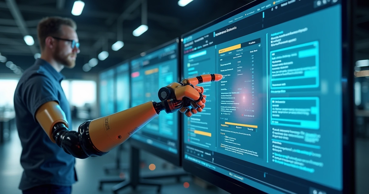 Robô automatizando tarefas financeiras com telas de ERP 