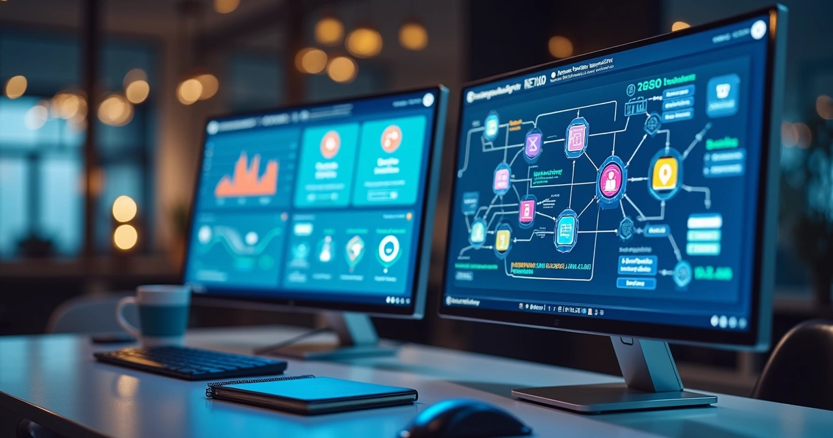 Tela de computador mostrando interfaces de RPA e N8N, com gráficos de automação e conexões visuais entre módulos 