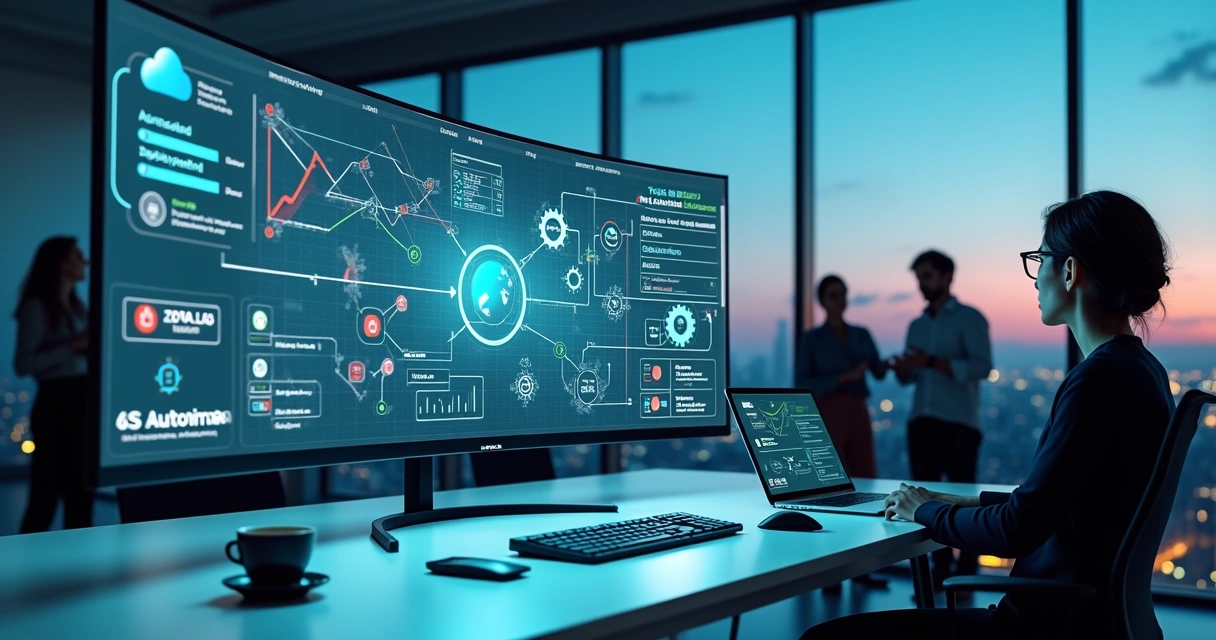Dashboard de automação SaaS com fluxo digital reduzindo erros e custos 