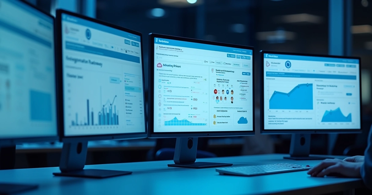 Dashboard digital mostrando alertas automáticos de renovação e dados de SaaS em telas de computadores 