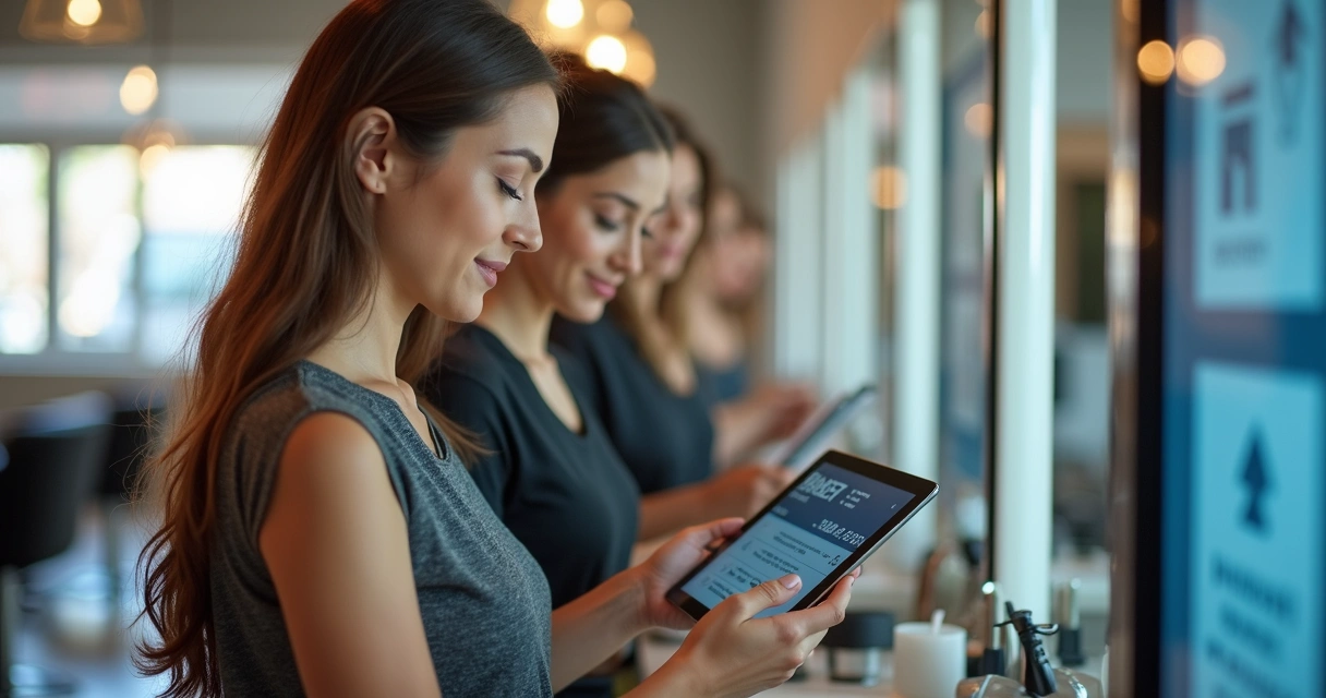 Equipe de salão utilizando sistema automatizado em tablets