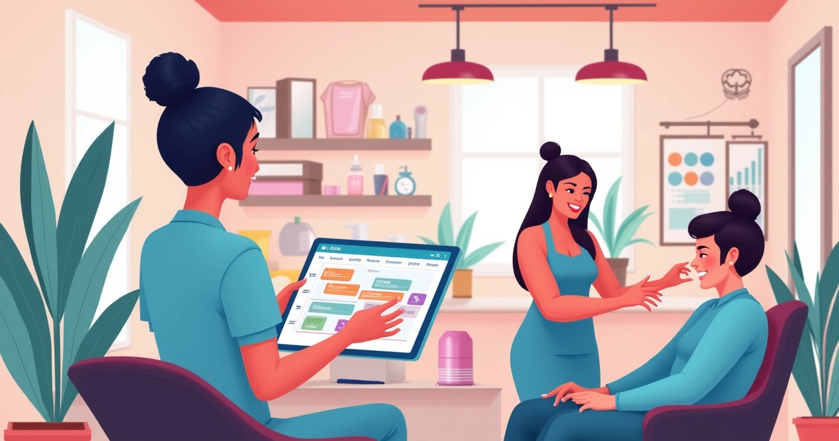 Salão de beleza moderno com profissionais usando tecnologia para agendar atendimentos.