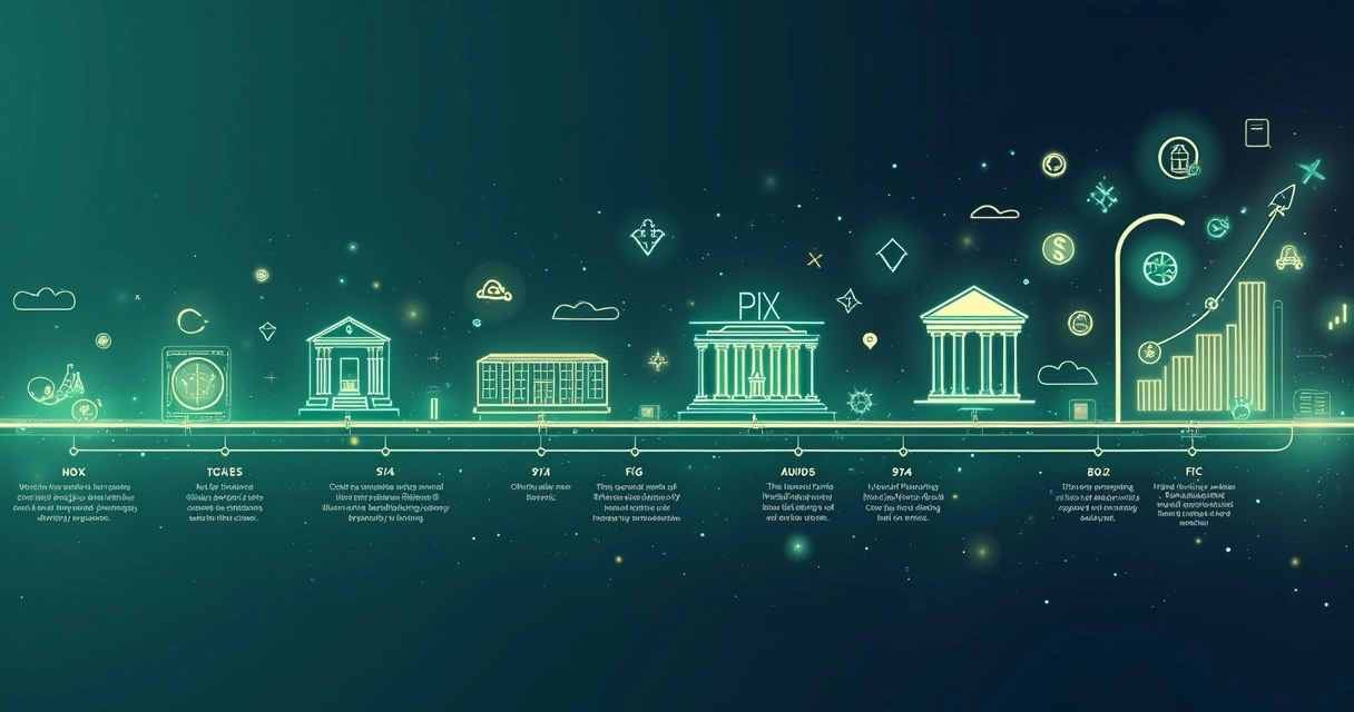 Linha do tempo digital com ícones de Pix, bancos e gráficos de saque automático 