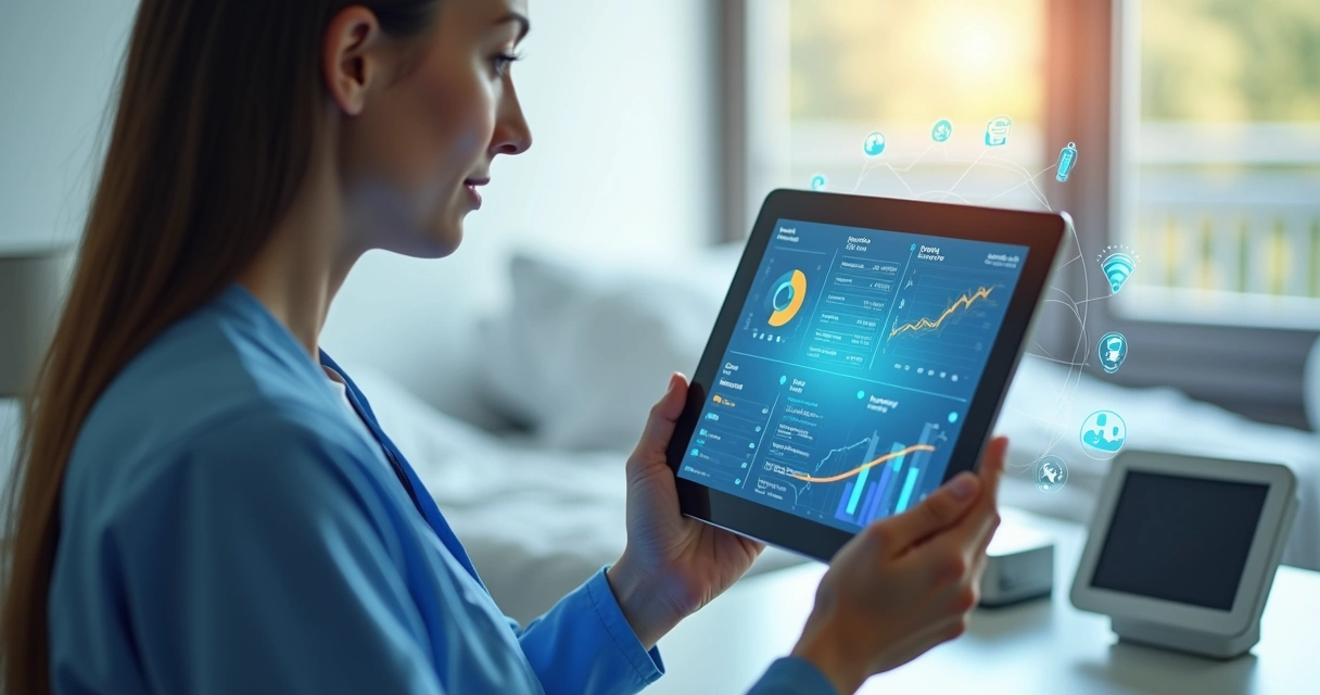 Profissional de saúde utilizando tablet mostrando dashboard digital com dados clínicos e gráficos em ambiente de home care moderno 