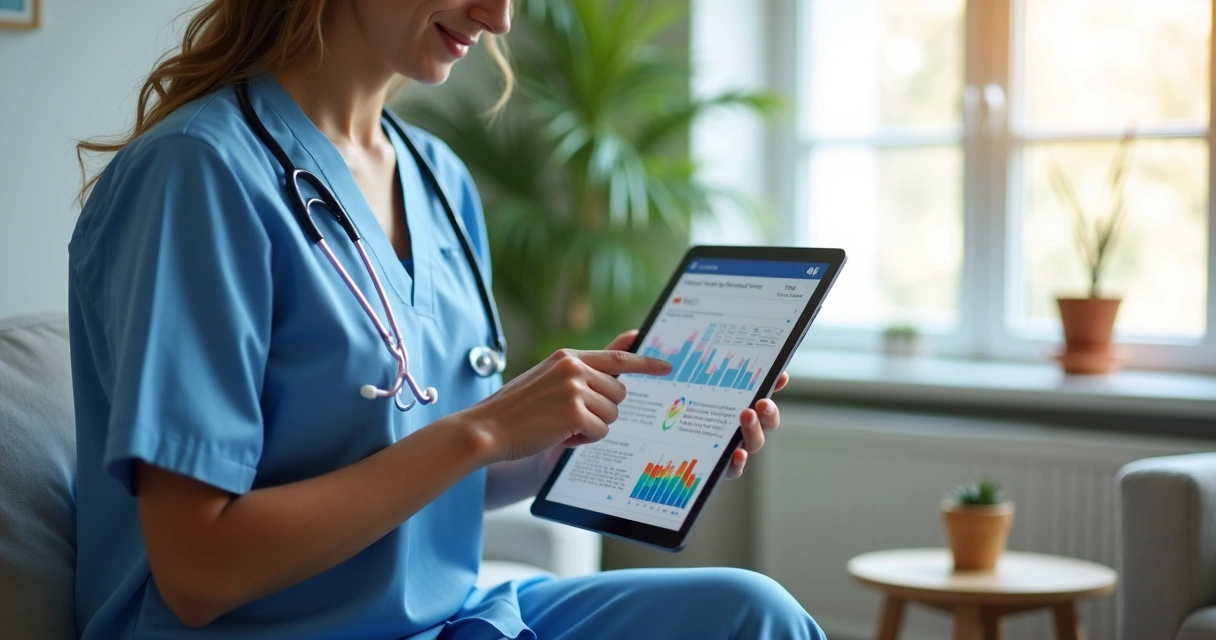 Profissional de saúde usando tablet com dashboards integrados