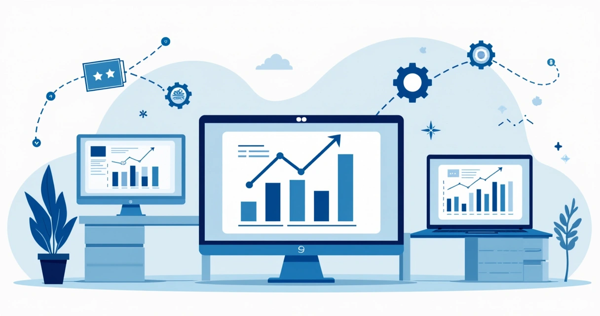 Ilustração corporativa plana mostrando análise de dados digitais com gráficos, computadores e conexões entre ícones de automação e score de campanha 