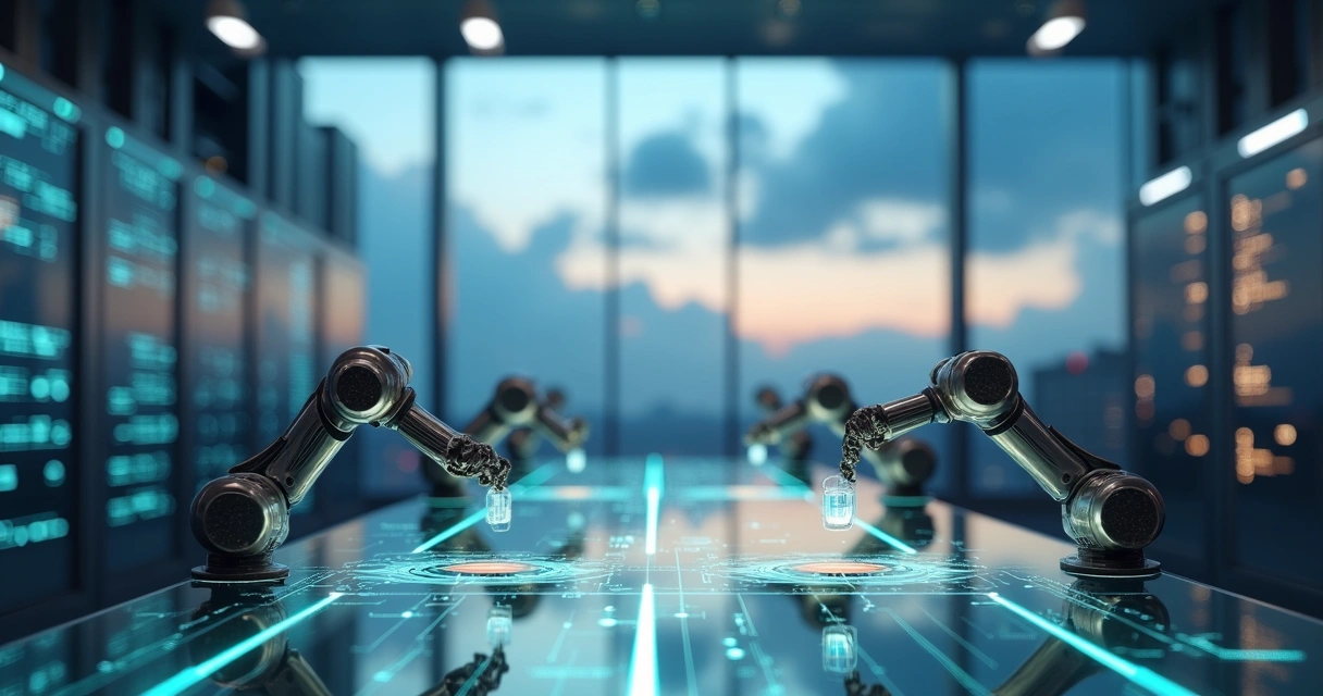 Painel com robôs colaborando em ambiente multinuvem seguro 