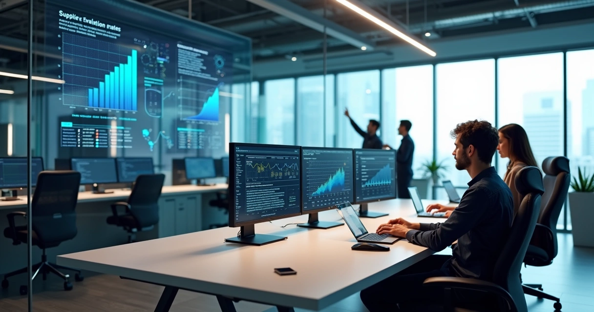 Computador exibindo painel digital com gráficos e critérios de seleção de fornecedores, com equipe analisando dados em ambiente corporativo moderno 