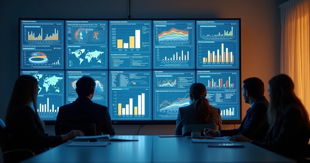 Equipe de compras analisando dados em telas digitais