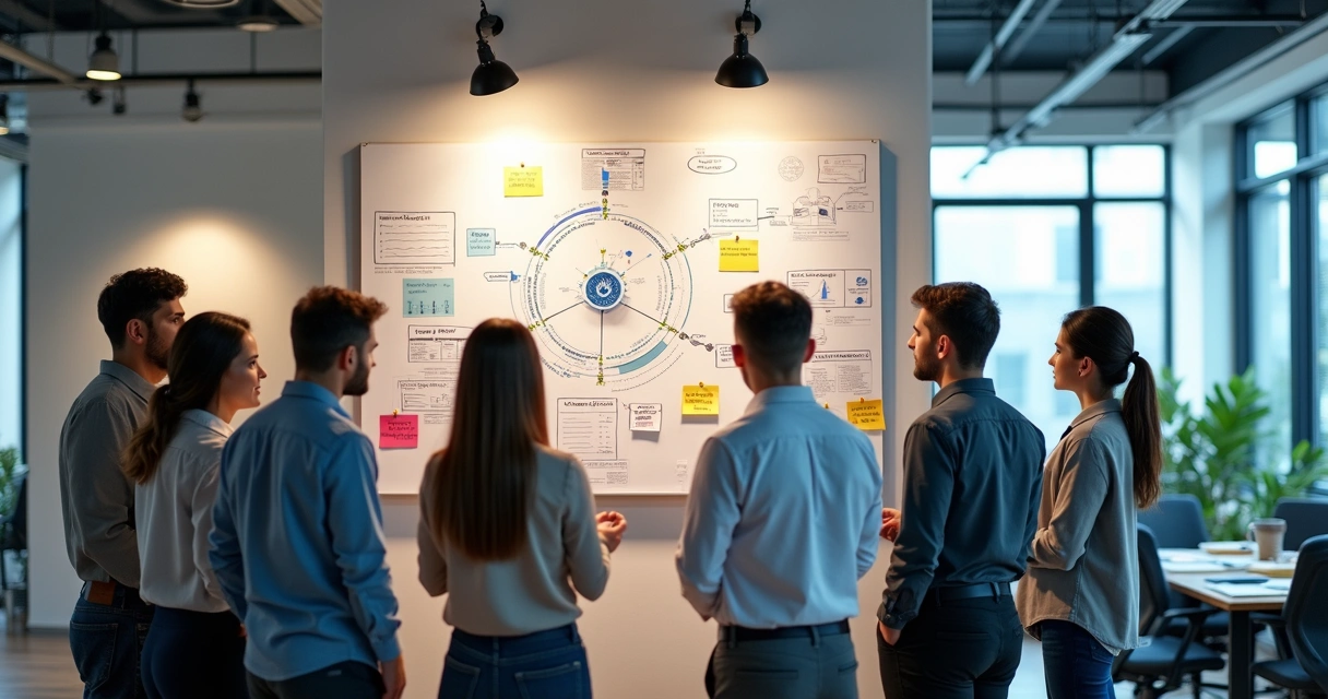 Equipe de empresa analisando quadro de processos para automação 