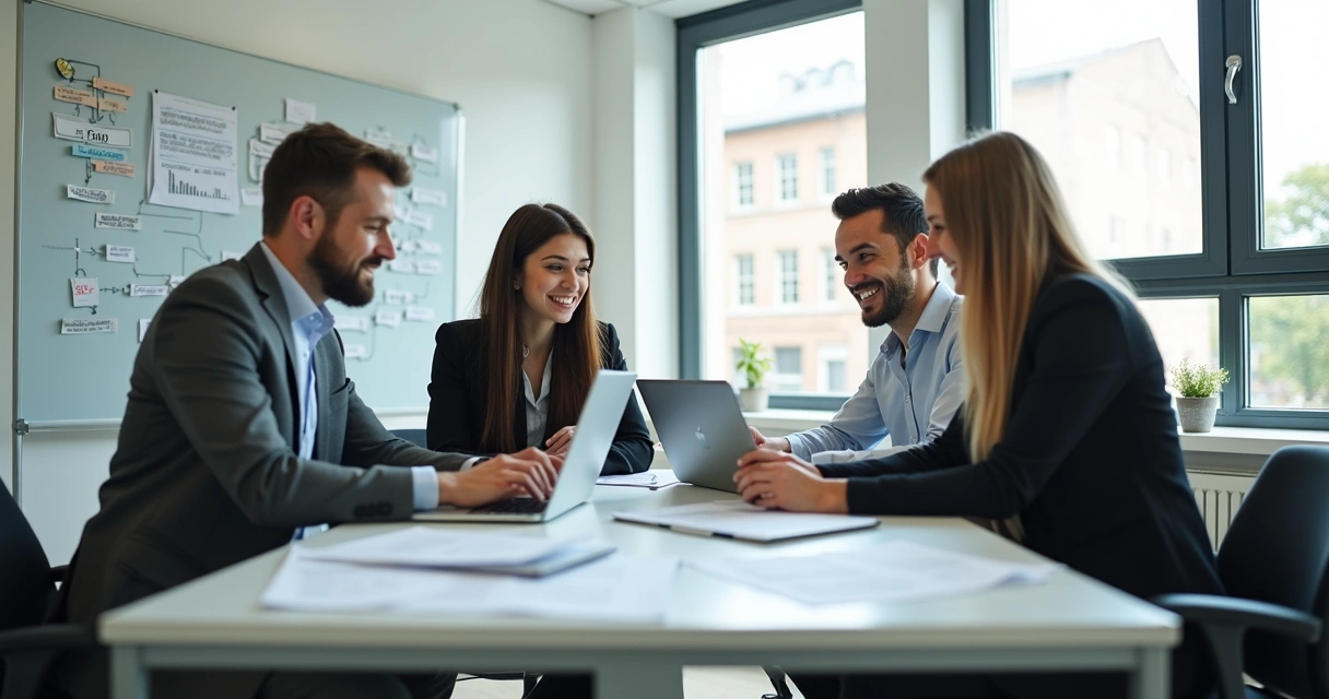 Equipe reunida em ambiente de escritório moderno discutindo automação financeira 