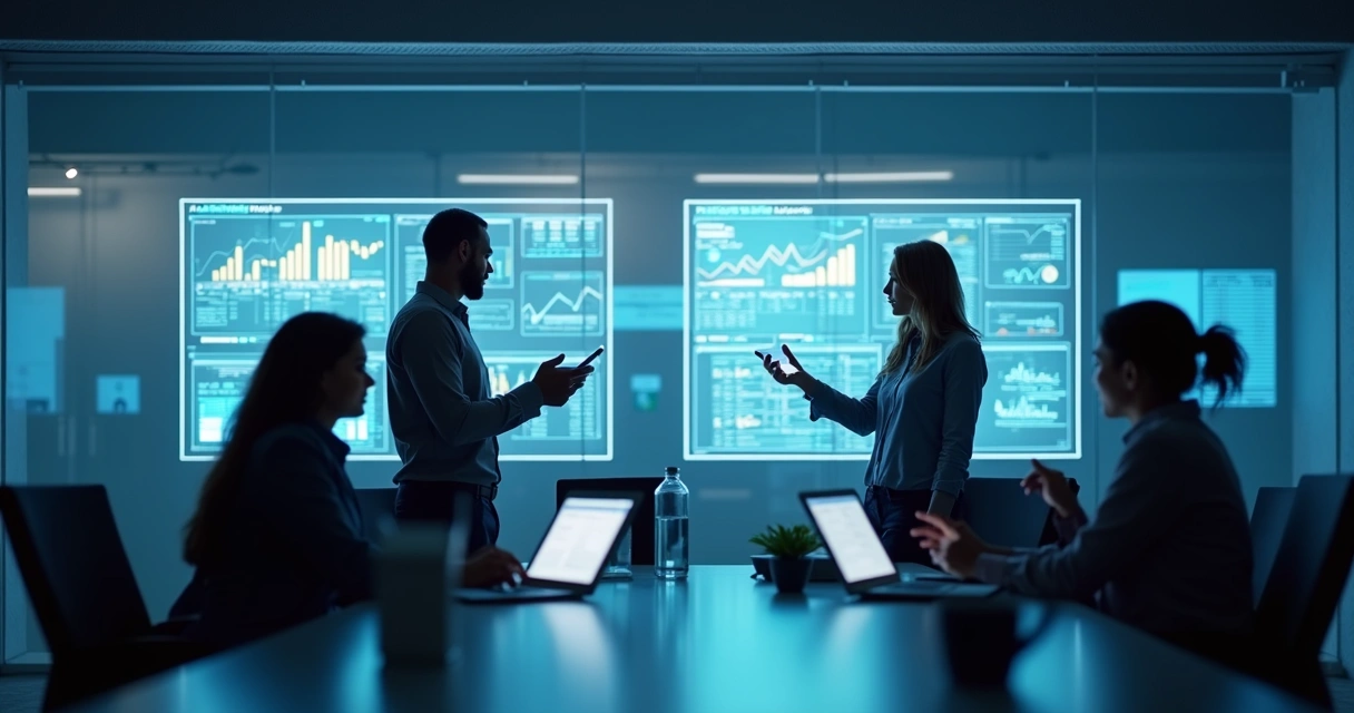 Equipe de vendas usando tablets e gráficos digitais ao fundo 