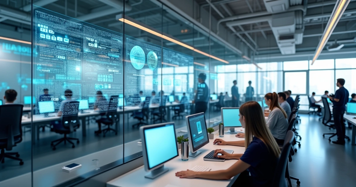 Ambiente corporativo moderno com automação, telas digitais e integrações 