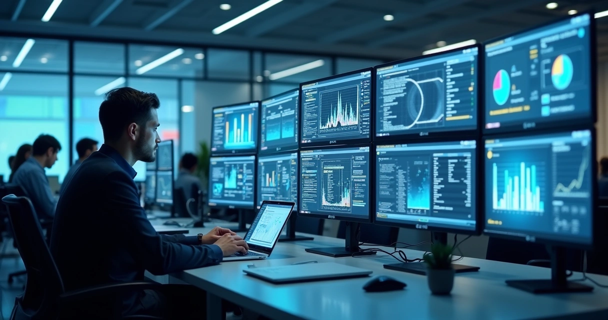 Tela de software de automação empresarial com gráficos e IA 