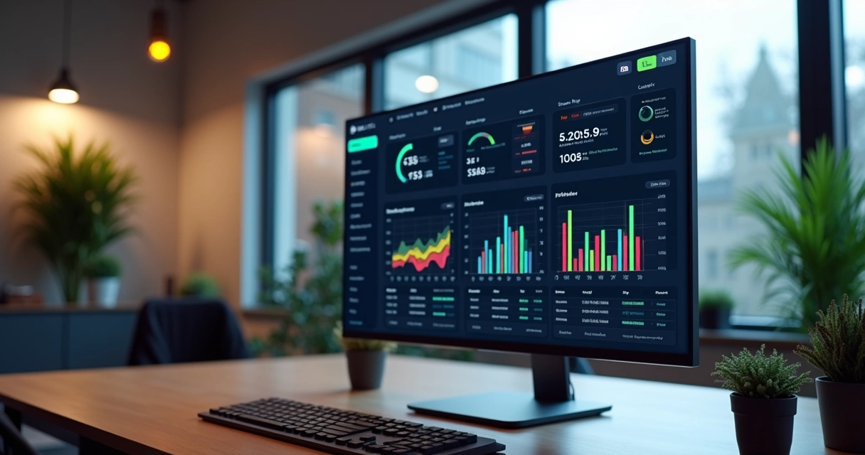 Interface digital mostrando dashboard com gráficos e múltiplas divisões de pagamentos em um ambiente moderno de escritório 
