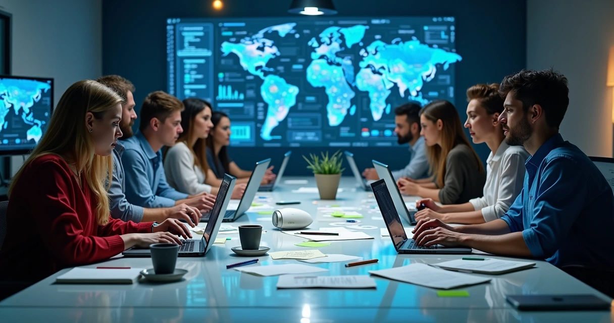 Equipe de startup trabalhando em automação com computadores e gráficos digitais 