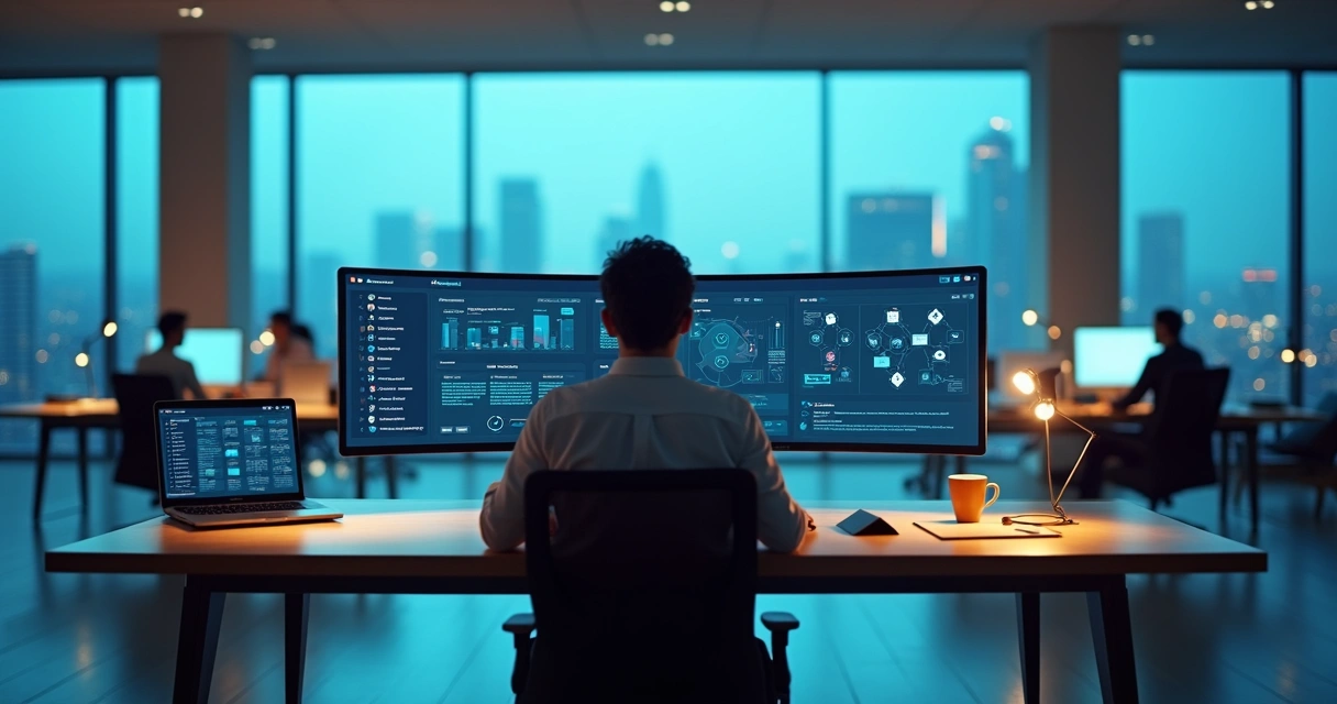 Executivo analisa painel com automações de tarefas administrativas com IA 