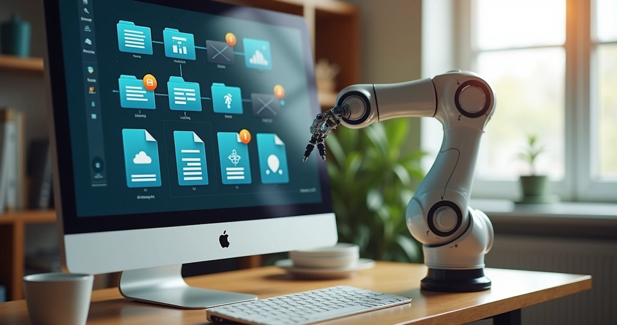 Computador e robô automatizando tarefas simultaneamente 