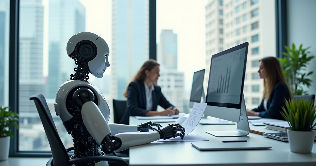 Robô digital gerando relatórios automáticos em um escritório moderno 