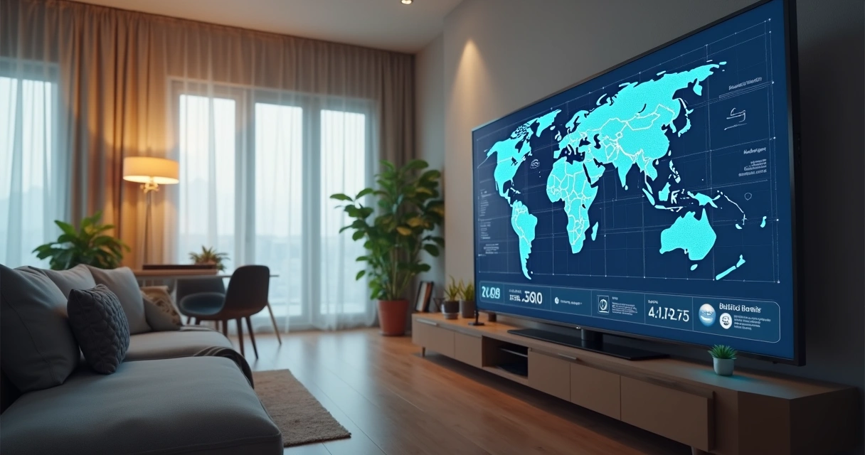 Robô doméstico e dispositivos inteligentes organizando a casa com tela digital ao fundo mostrando controle por aplicativo 