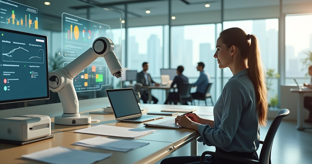 Brasileira observando braços robóticos organizando documentos em escritório moderno 