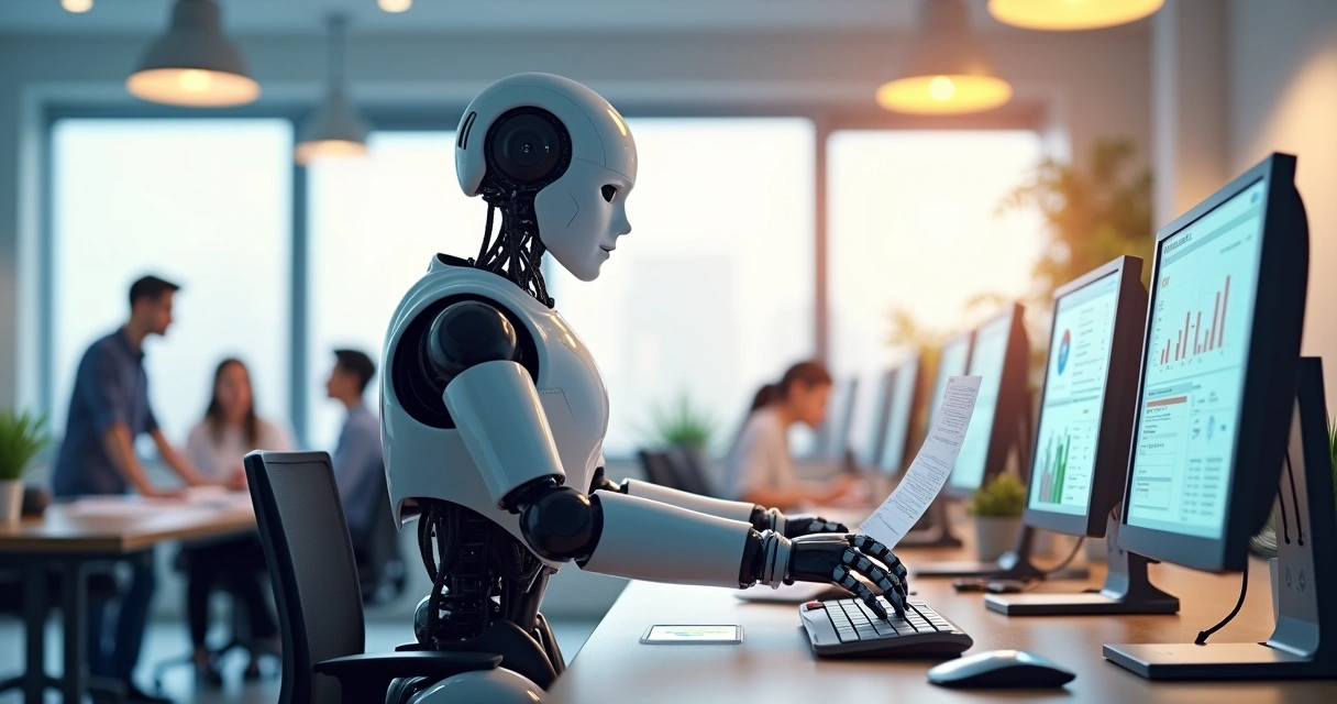 Robô organizando papéis automatizados em um escritório de franquia