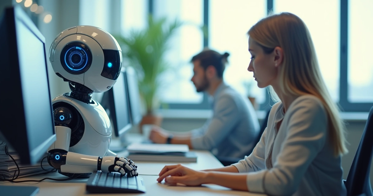 Robô automatizando tarefas repetitivas no escritório 