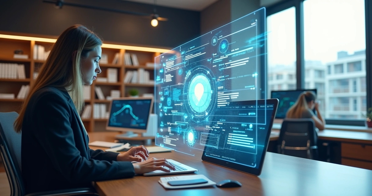 Advogado utilizando inteligência artificial para automatizar tarefas jurídicas em escritório moderno 