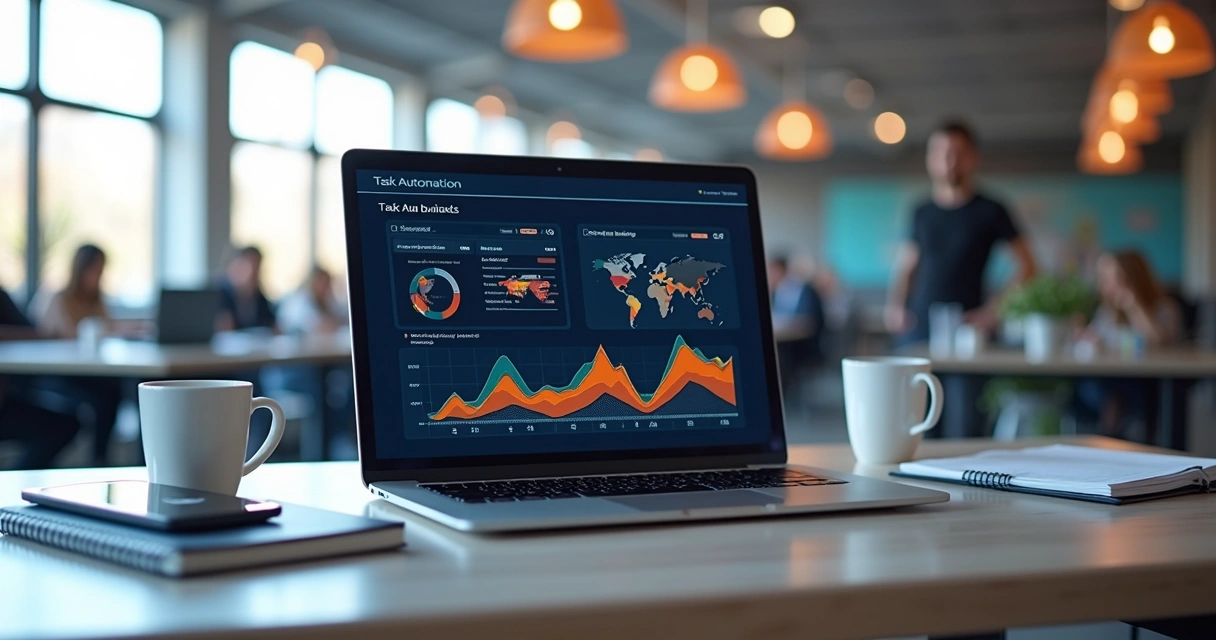 Mesa de trabalho com laptop mostrando gráficos digitais e fluxos de automação, planejamento de tarefas empresariais visível na tela 