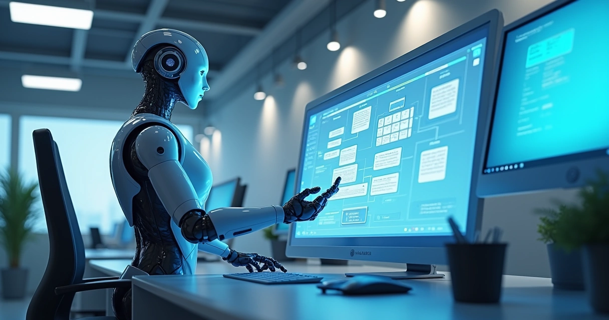 Robô digital organizando fluxos de trabalho em tela de computador 