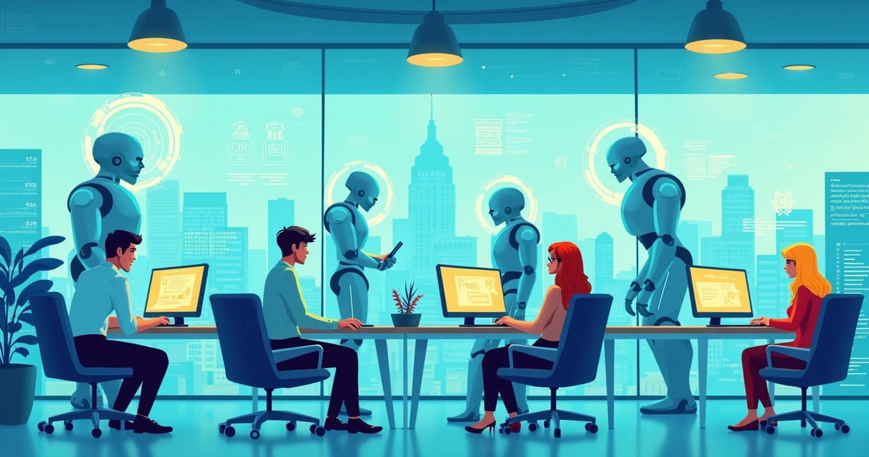 Ilustração de um escritório moderno com pessoas trabalhando enquanto robôs e computadores automatizam tarefas repetitivas em segundo plano 