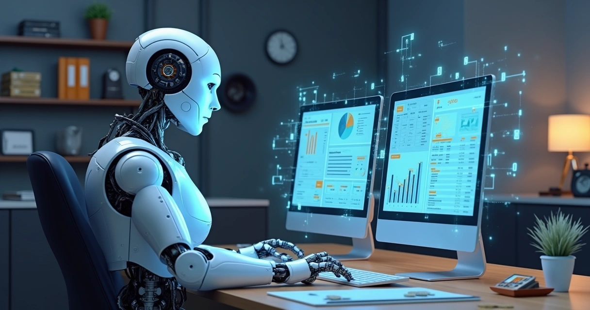 Robô digital trabalhando em tarefas contábeis em um computador 