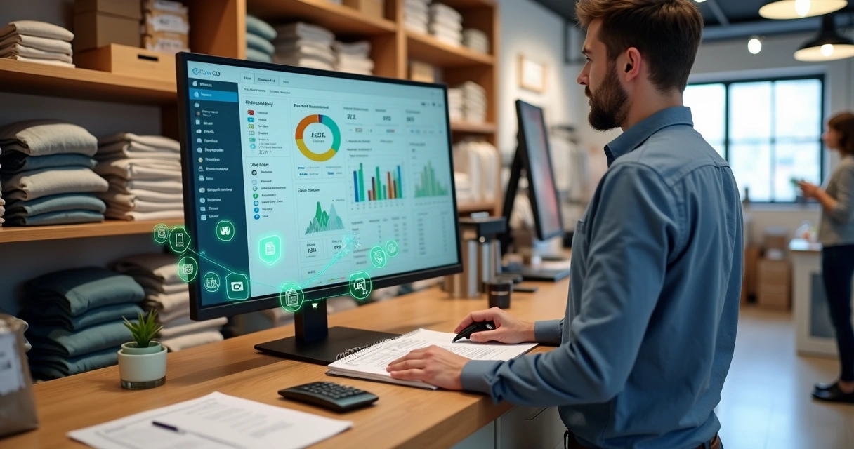 Gestor de pequena loja observando painel de ERP automatizando tarefas do varejo 