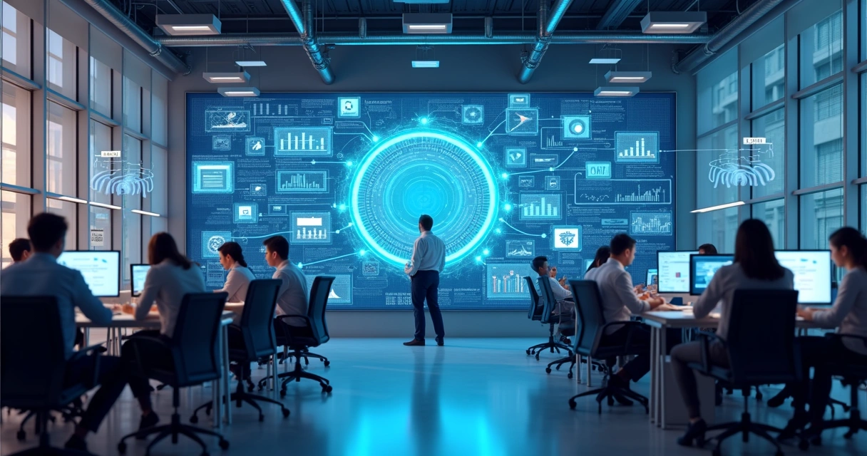 Painel digital mostrando automação e integração de processos em agência 