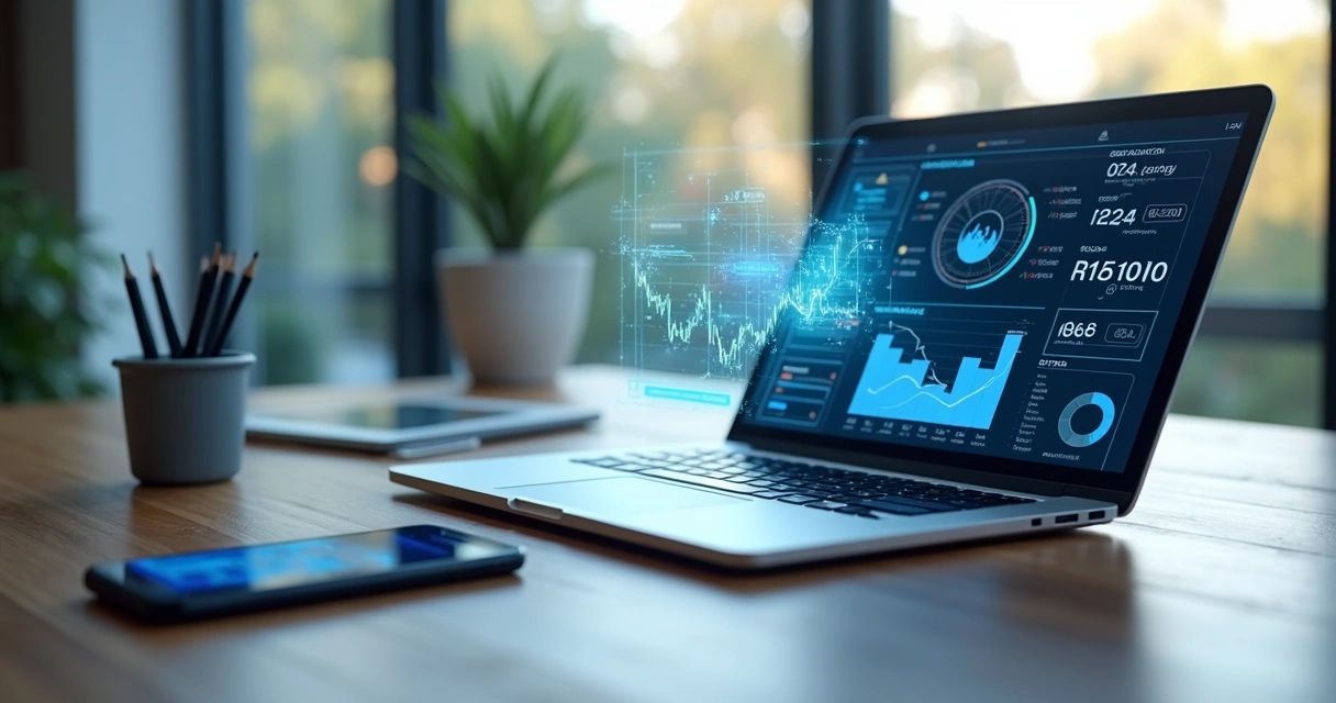 Mesa de trabalho moderna com laptop, smartphone e gráficos digitais representando automação e integração tecnológica 