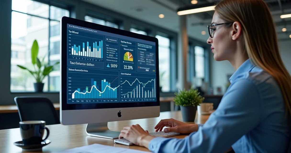 Profissional utilizando computador com gráficos e dados fiscais digitais na tela, em ambiente de escritório moderno 