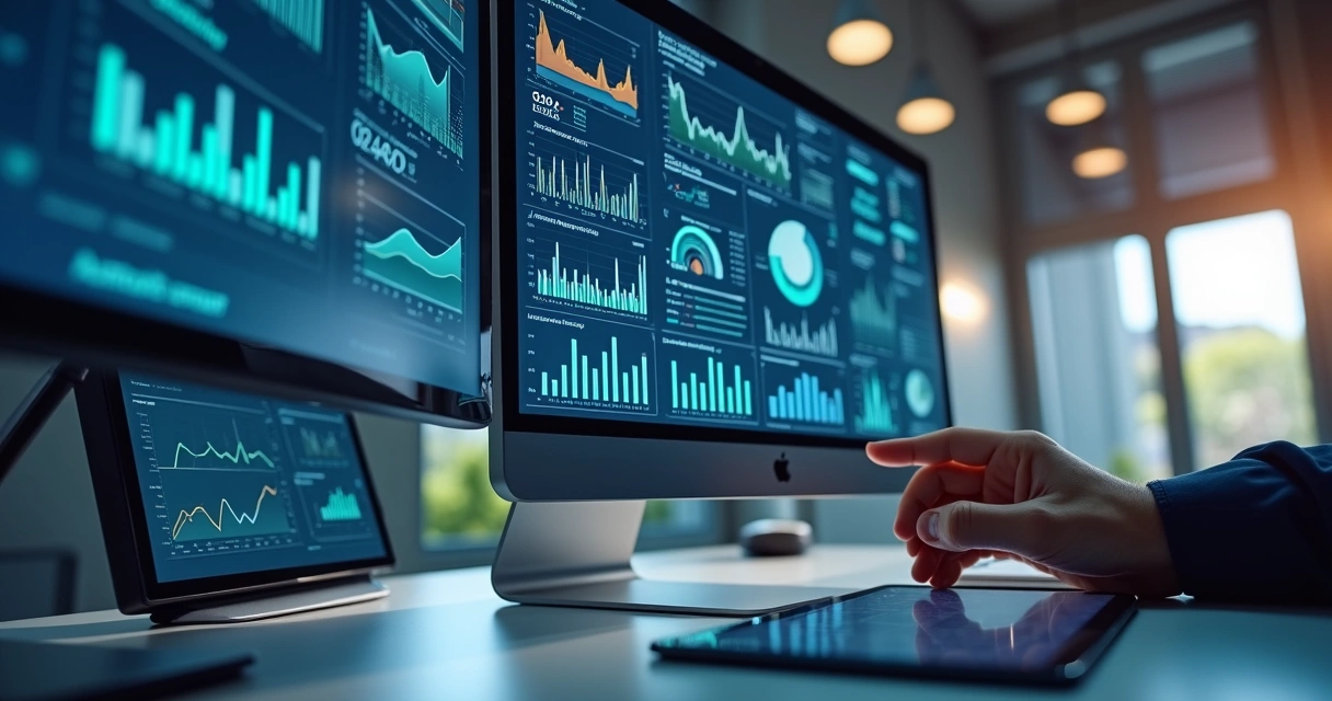 Sistema automatizado mostrando gráficos de vendas em tela grande 
