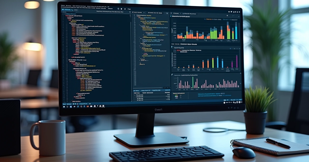 Tela de computador mostrando interface de automação de testes com gráficos e códigos 